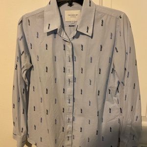 The Shirt by Rochelle Behrens Light Blue Pinstripe/ LOVE Print SZ M Pre-Owned